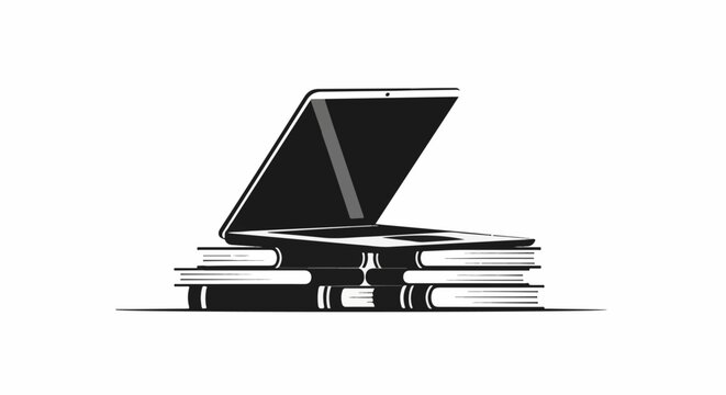 Open laptop resting on a stack of books, representing knowledge and technology