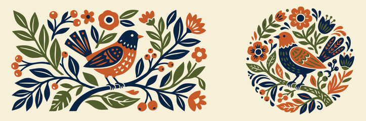 Set of elemental folk art illustrations featuring birds and botanical elements in a rustic linocut block print style. © GraphicGalaxy