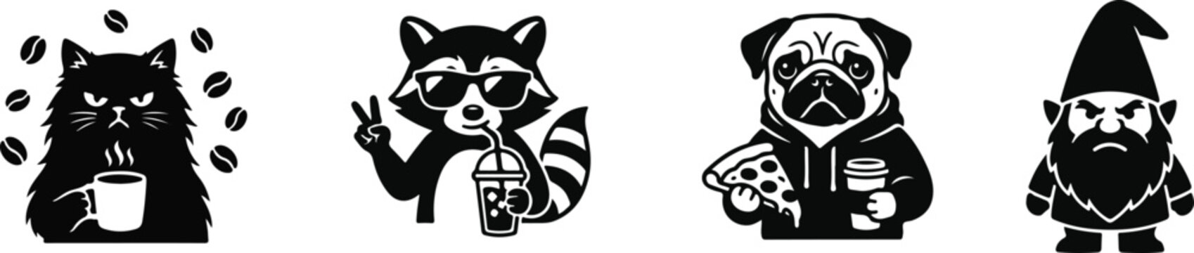 Minimalist black and white vector character set featuring grumpy cat with coffee, cool raccoon, pug with pizza, and gnome.