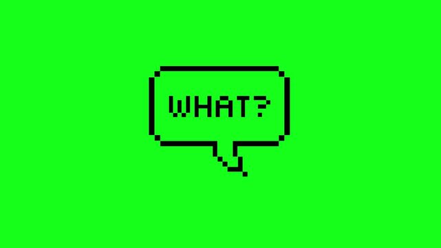 pixel style question bubble, chat box, with what text, comic question concept, cartoon, green background, 4k video