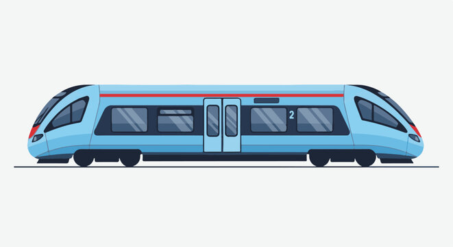 Modern blue passenger train with red trim and tinted windows, numbered 2