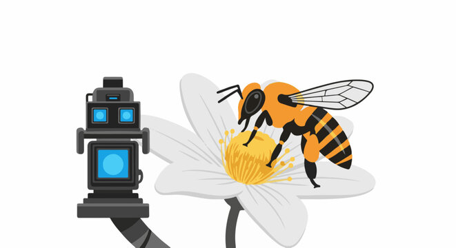 Mechanical eye observes bee collecting nectar from a white flower