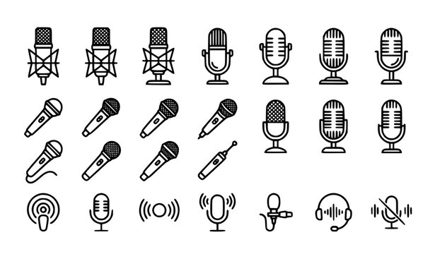 Modern Line Art Microphone Icons Bundle for Podcast, Music Recording and Sound Interface Design Elements