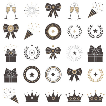 premium celebration ornaments in a strict black and gold two-tone system , champagne flutes, ribbon bows, starburst seals, party poppers, gift boxes, laurel wreaths, crown motifs, and confetti scatter
