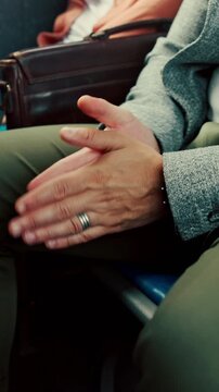 Business, anxious or hands in bus with watch, transport delay or time management in morning commute. Worry, schedule check or employee with frustration, urban travel or running late at start of day.