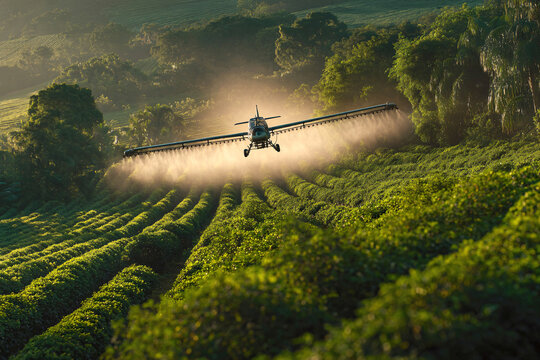 Aerial crop dusting of a coffee plantation at sunrise