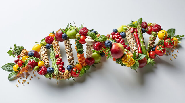 DNA helix made of fruits grains and vegetables on white background showcasing personalized diet and genetic nutrition concept