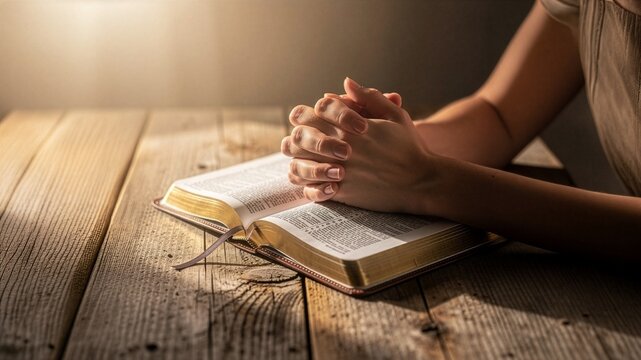 Hands clasped in prayer over an open Bible on a rustic wooden table