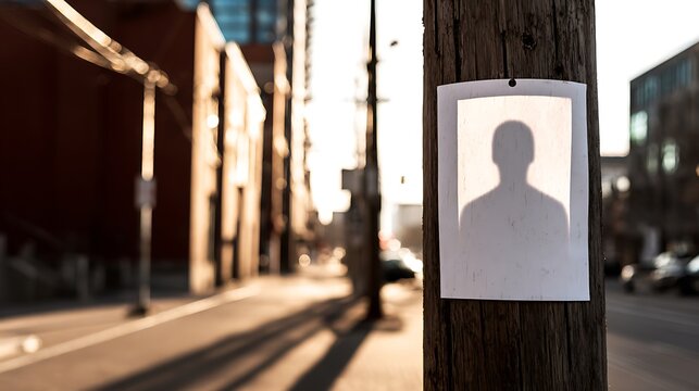 A shadow silhouette on a posted flier attached to a pole on a city street at sunset