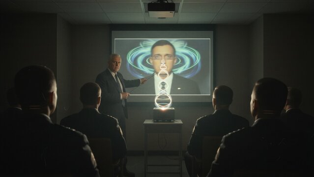 Lecturer presenting alien entity image on screen to soldiers in dark room. Military briefing about extraterrestrial contact, ufo discovery and hidden science fiction phenomenon.