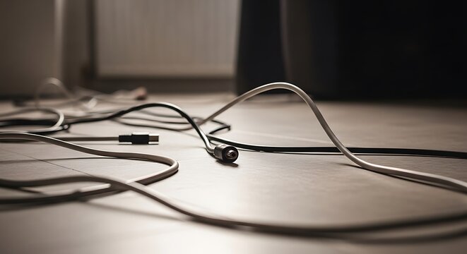 Tangled cables on a wooden floor overhead shot technology connection