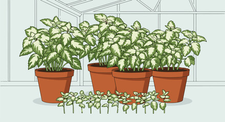 Fototapeta premium Potted variegated plants with small seedlings in front and a greenhouse structure behind
