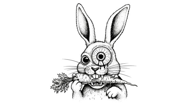 Whimsical Rabbit with Carrot and Mechanical Eye Illustration.