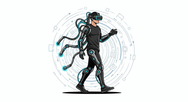 Man in futuristic exoskeleton and VR headset, surrounded by digital circuit patterns