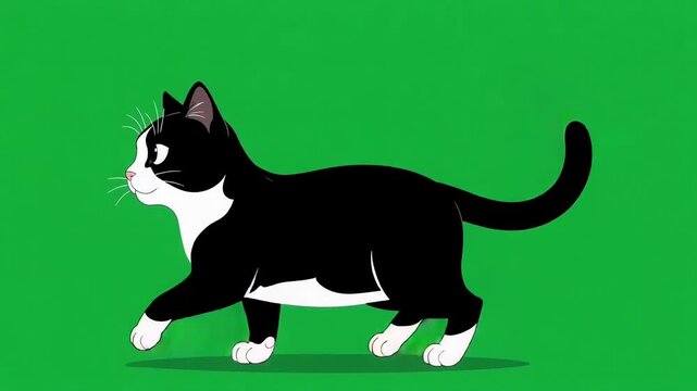 Animated black and white cat walking across screen in a smooth looping motion sequence video