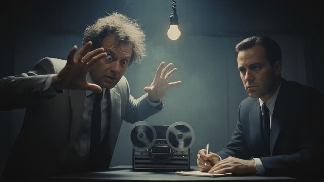 Man telling story of alien encounter to government agent in dark room. Witness expressing shock and surprise during investigation by detective with recorder. Paranormal science fiction scene.