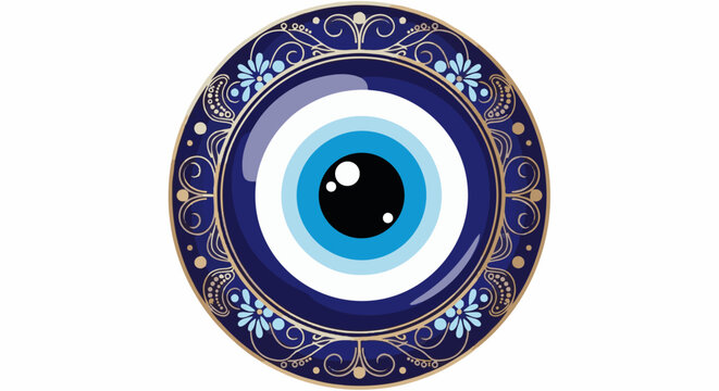 Ornate blue circular eye amulet with decorative golden border and floral accents