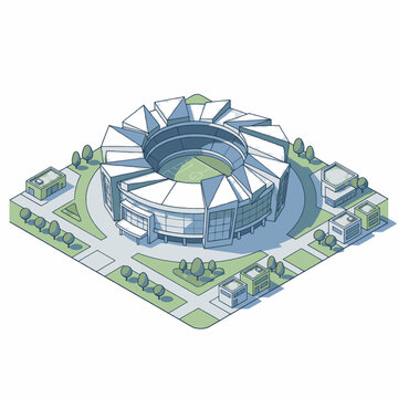 Isometric view of a modern stadium complex with surrounding buildings and green spaces, showcasing urban development and architectural design.