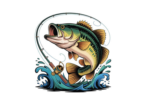Illustration of a leaping bass fish with fishing rod on transparent background.