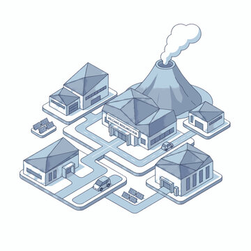 Isometric illustration of a small town with buildings, roads, cars, and a volcano in the background.