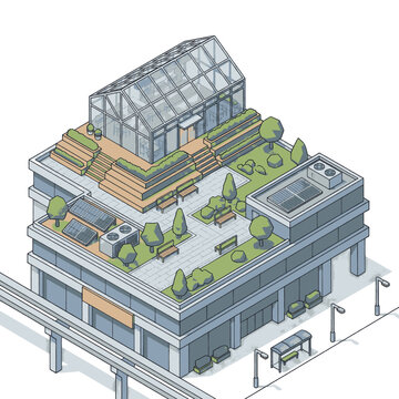 Isometric illustration of a modern building with a green rooftop garden and greenhouse.