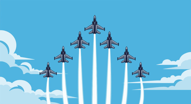 Pixel art depiction of a squadron of fighter jets flying in formation against a blue sky with clouds