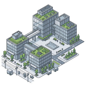 Isometric view of a modern eco-friendly office building complex with green roofs and solar panels.