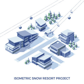 Isometric illustration of a snow resort project with modern buildings and ski lifts.