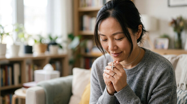 Woman praying with hands clasped in living room, peaceful atmosphere filled with indoor plants and warm light. Woman's thoughtful expression conveys spirituality and deep faith.