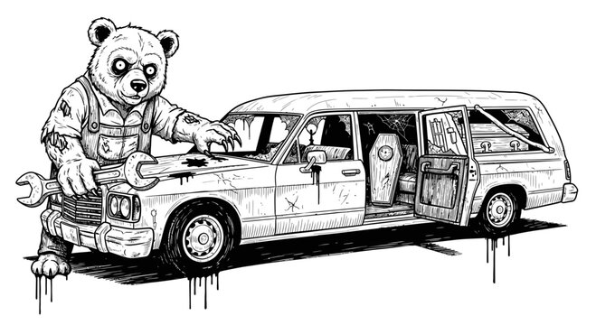 Zombie Bear Mechanic Repairs a Hearse with Coffin Inside.