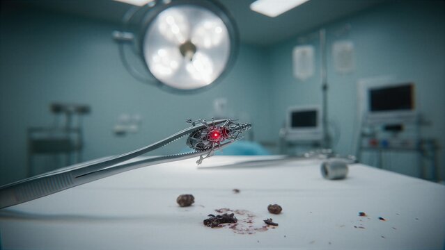 Surgical forceps holding mechanical metallic insect in hospital operating room. Alien implant removal procedure or scientific experiment. Sci-fi concept of futuristic cybernetic organism.