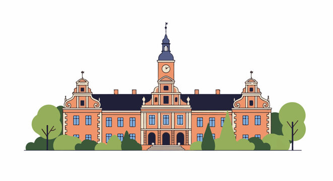 Ornate coral building with a central clock tower, flanked by gabled wings, amidst lush greenery