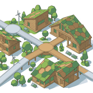 Sustainable eco-village with green roofs, solar panels, and wind turbines.
