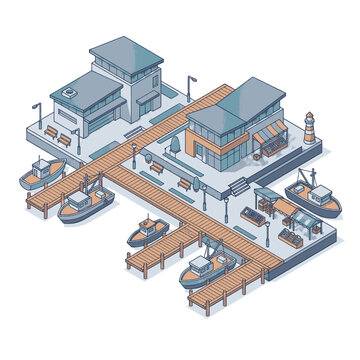 Isometric illustration of a modern harbor with boats docked at piers and buildings on the waterfront.