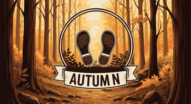 Pixelated forest scene with footprints and "AUTUMN" text on a banner