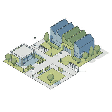 Isometric illustration of a modern city square with buildings, trees, and benches.