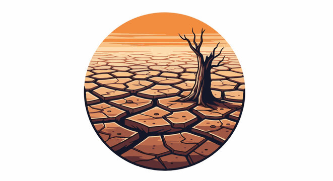 Pixel art depicting a stark, cracked earth landscape with a solitary dead tree under an orange sky