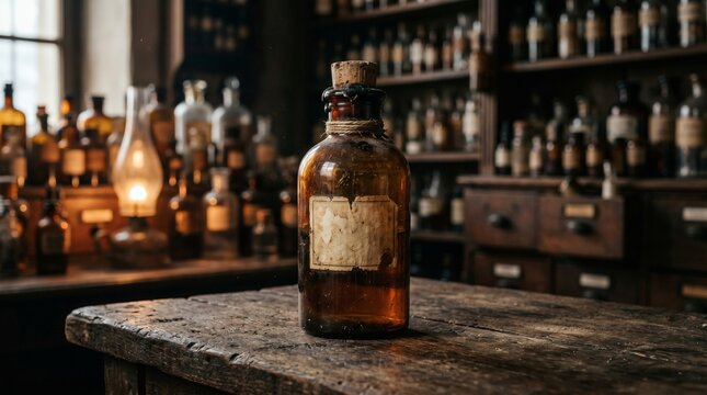 Antique Apothecary Bottle In Vintage Pharmacy Interior
