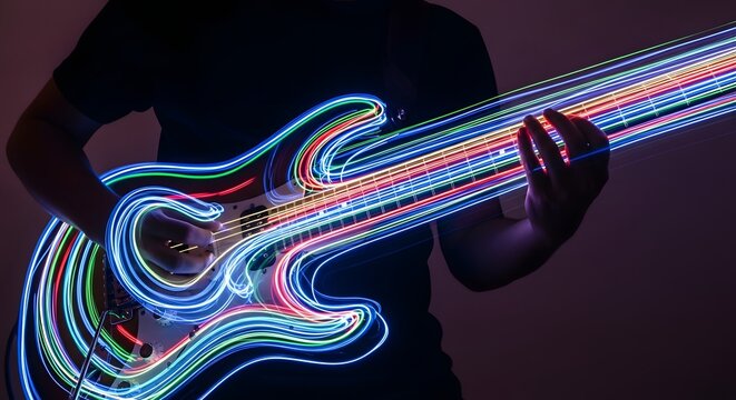 Man playing electric guitar with vibrant colorful neon light painting trails long exposure