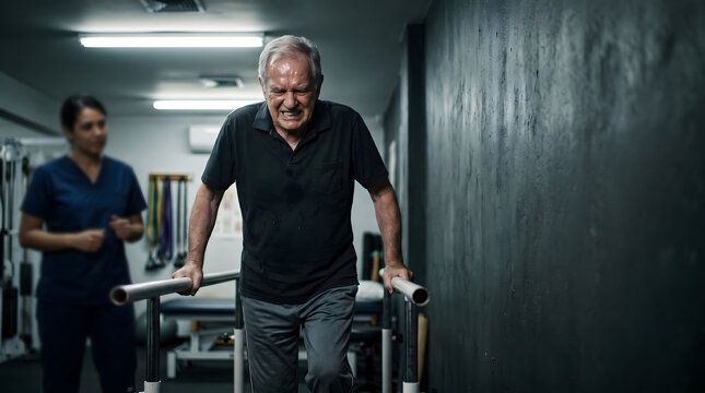 Elderly patient struggling in physical rehabilitation on parallel bars.