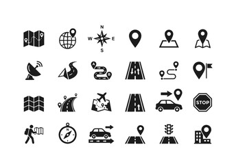 Navigation and map vector glyph icon set containing location pin, road, compass, folded map, highway, route A to B, car, traffic light, stop sign, satellite dish. © farzana