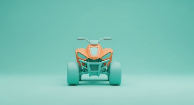 Orange atv quad bike model on teal background with all terrain vehicle, off road