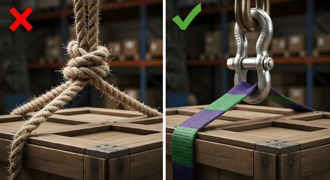 Comparison of incorrect versus correct methods for lifting heavy wooden crate in industrial warehouse setting.