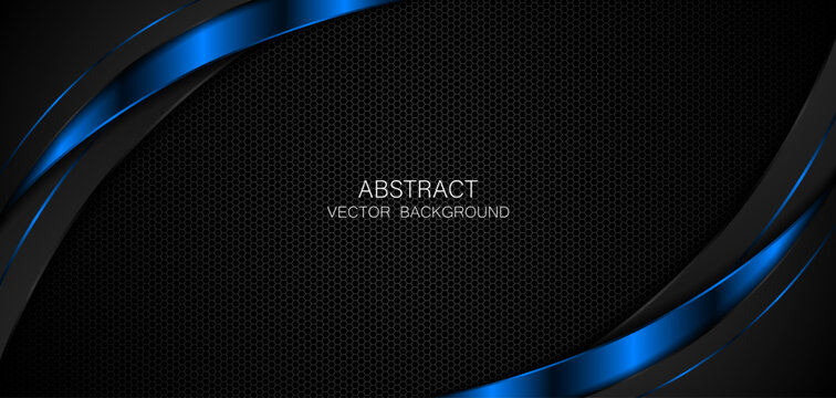Abstract black and blue curves on dark steel mesh background with free space for design