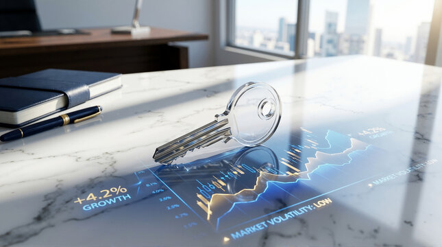 Modern office workspace with futuristic key and digital analytics dashboard on glass desk. Business concept featuring data visualization and security symbolism.