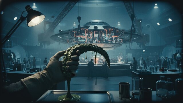 Scientist holding alien tentacle specimen inside research laboratory. Extraterrestrial spaceship under construction. Science fiction laboratory facility with ufology investigation team.