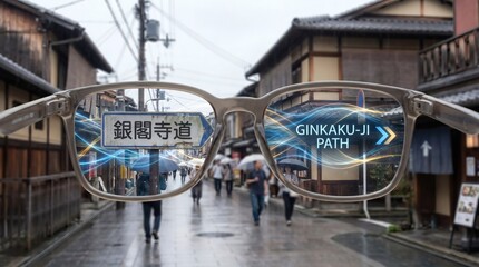 Naklejka premium Augmented reality glasses overlaying directions to Ginkaku-ji Path on a rainy street in Kyoto, Japan.