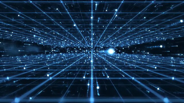 Abstract digital grid with glowing blue nodes receding into darkness