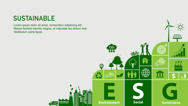 Sustainable ESG concept vector illustration with icons for environment, social, and governance. Abstract green background featuring renewable energy, eco city, and corporate responsibility graphics