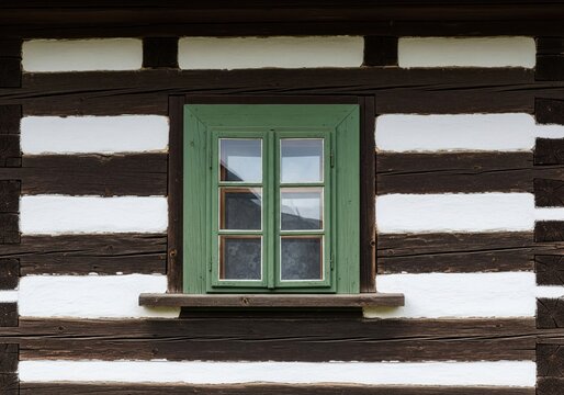 Old green wooden window on dark brown log wall of traditional rustic country cottage